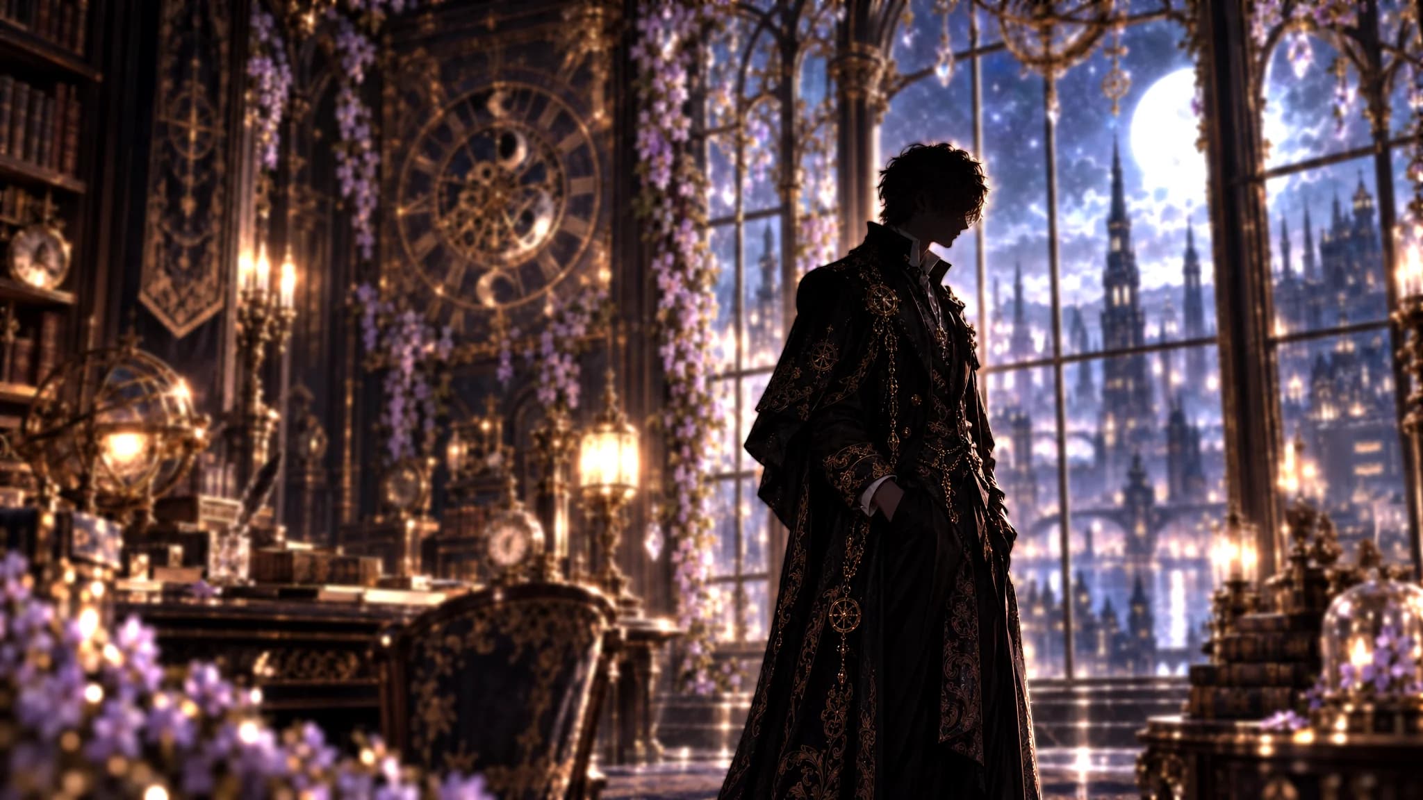 Gideon beside the moonlit windows of the western study